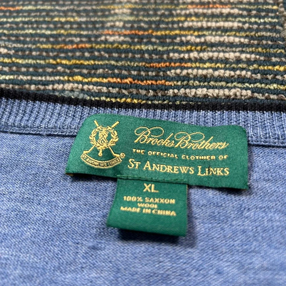 Brooks Brothers Sweater XL Blue Argyle Saxxon Wool St Andrews Links V-Neck